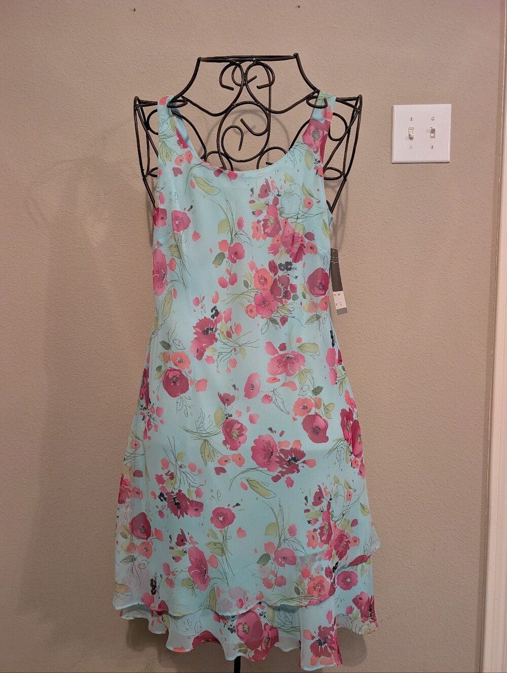 Scarlett Aqua Floral Chiffon Dress with Pink & Coral Blooms